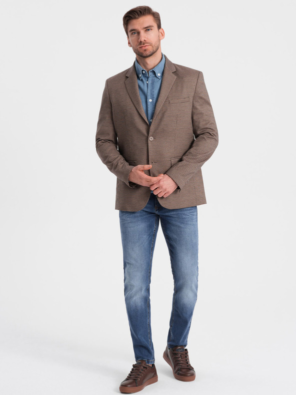 Ombre Clothing Hnědé pánské jemně kostkované sako Ombre Clothing