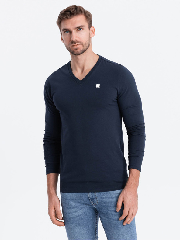 Ombre Clothing Tmavě modré pánské tričko s véčkovým výstřihem Ombre Clothing