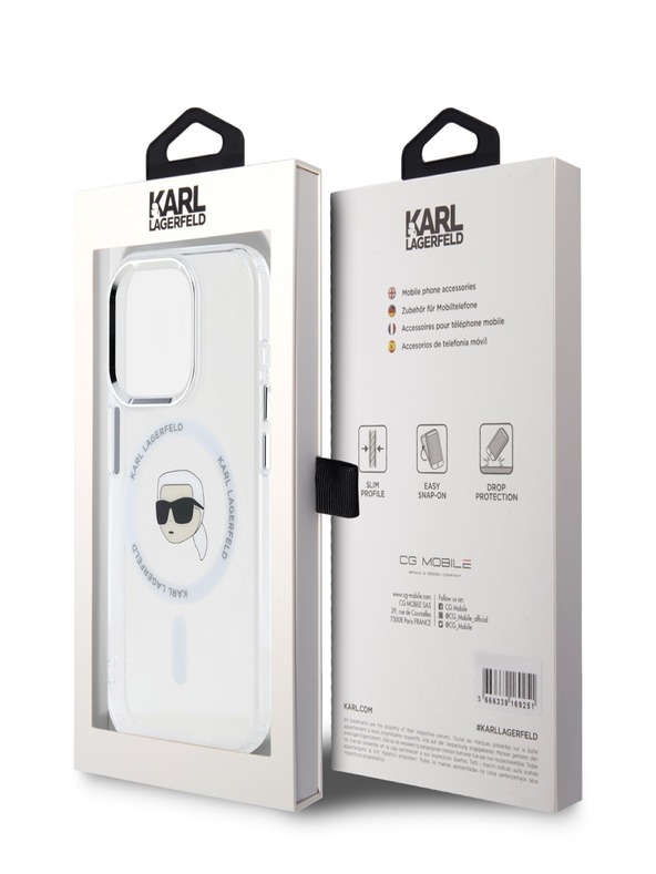 Karl Lagerfeld Karl Lagerfeld IML Karl Head Metal Frame MagSafe Zadní Kryt pro iPhone 15 Pro Transparent