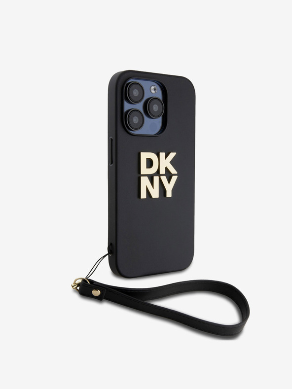 DKNY PU Leather Stack Logo Wrist Strap Zadní Kryt pro iPhone 15 Pro Black DKNY