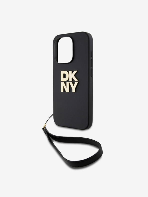 DKNY PU Leather Stack Logo Wrist Strap Zadní Kryt pro iPhone 15 Pro Black DKNY