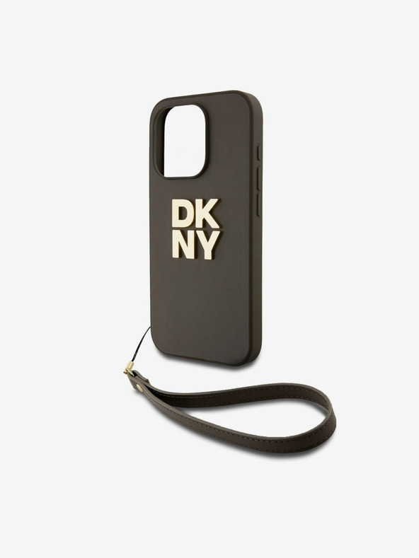 DKNY PU Leather Stack Logo Wrist Strap Zadní Kryt pro iPhone 14 Pro Brown DKNY