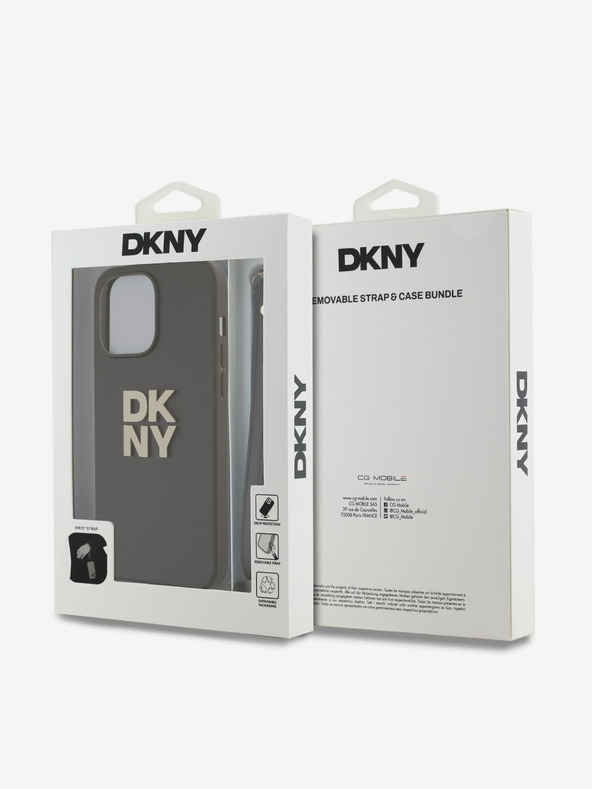 DKNY PU Leather Stack Logo Wrist Strap Zadní Kryt pro iPhone 14 Pro Max Brown DKNY