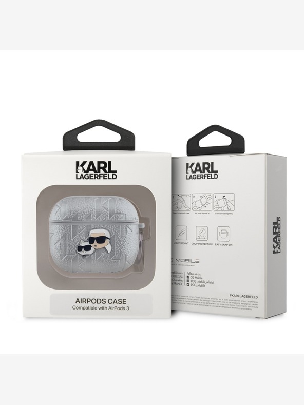 Karl Lagerfeld PU Embossed Karl and Choupette Heads Pouzdro pro AirPods 3 Silver Karl Lagerfeld
