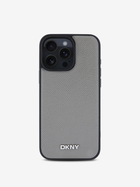 DKNY PU Leather Silver Metal Logo Magsafe iPhone 16 Pro Grey Obal na telefon
