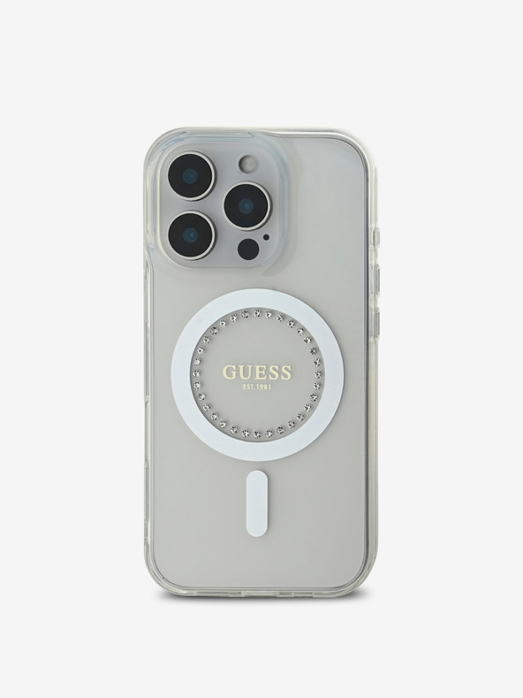 Guess Guess IML Rhinestones Ring MagSafe Zadní Kryt pro iPhone 16 Pro White