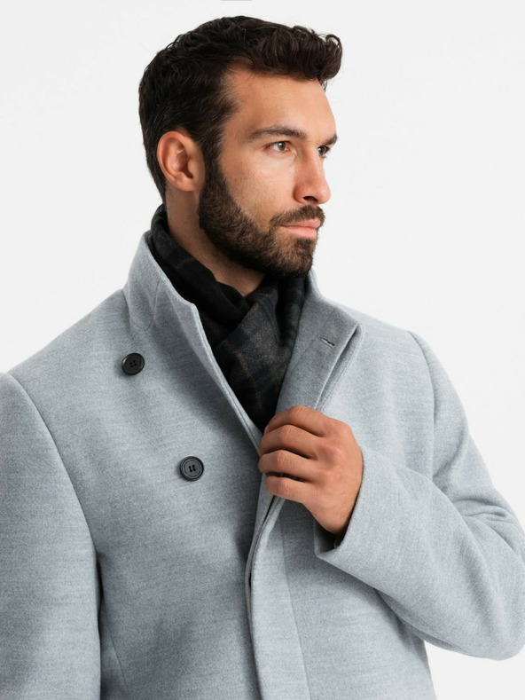 Ombre Clothing Pánský kabát s vysokým límcem a asymetrickým zapínáním šedý melír Ombre Clothing