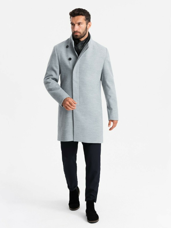 Ombre Clothing Pánský kabát s vysokým límcem a asymetrickým zapínáním šedý melír Ombre Clothing