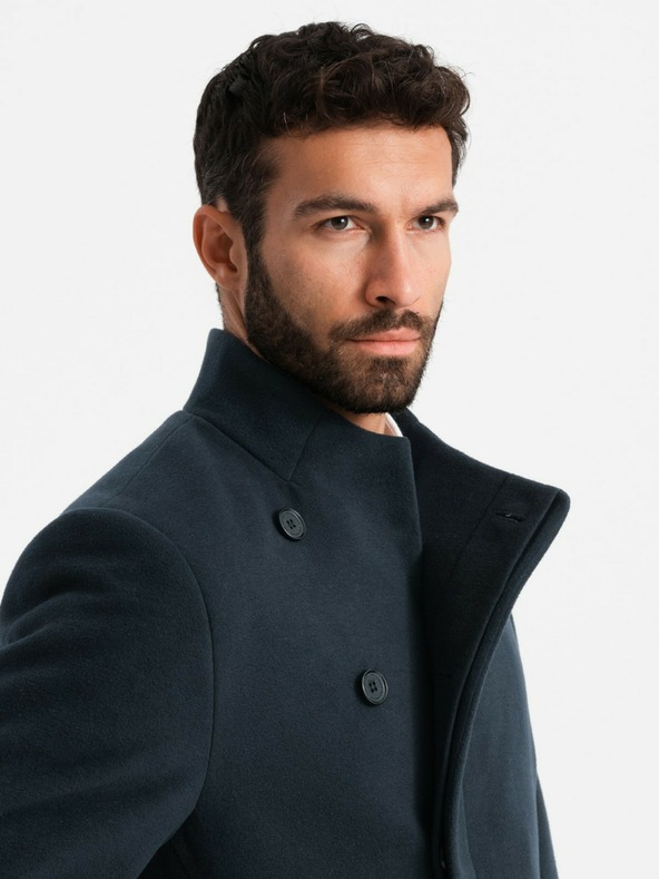 Ombre Clothing Pánský kabát s asymetrickým zapínáním a vysokým límcem tmavě modrý Ombre Clothing