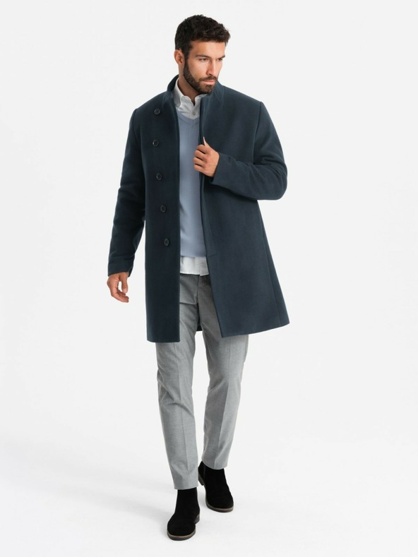 Ombre Clothing Pánský kabát s asymetrickým zapínáním a vysokým límcem tmavě modrý Ombre Clothing