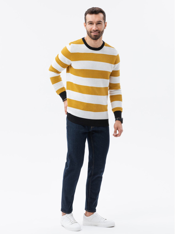Ombre Clothing Bílo-hořčicový pánský pruhovaný svetr Ombre Clothing E189