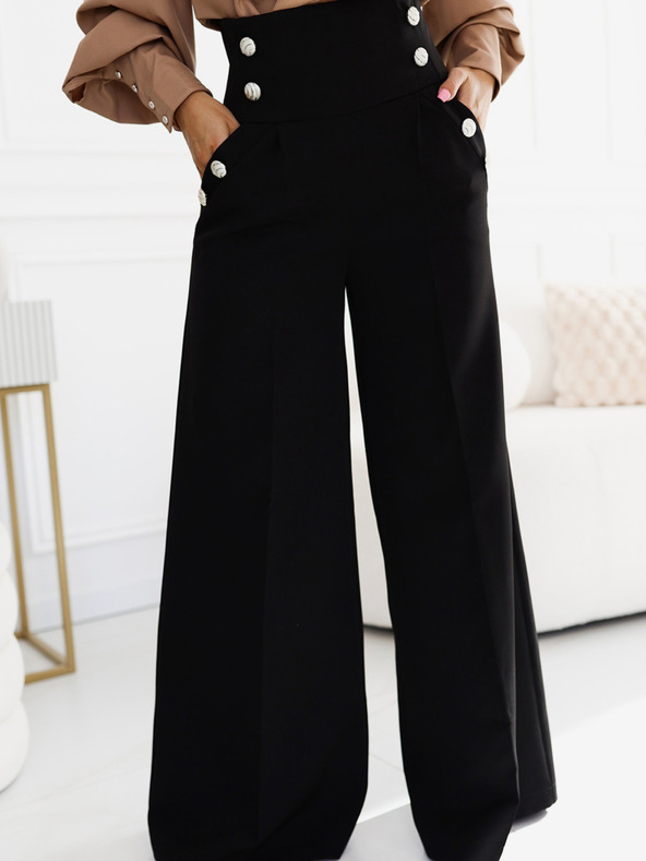 numoco Černé dámské elegantní široké kalhoty s vysokým pasem a zlatými knoflíky Numoco