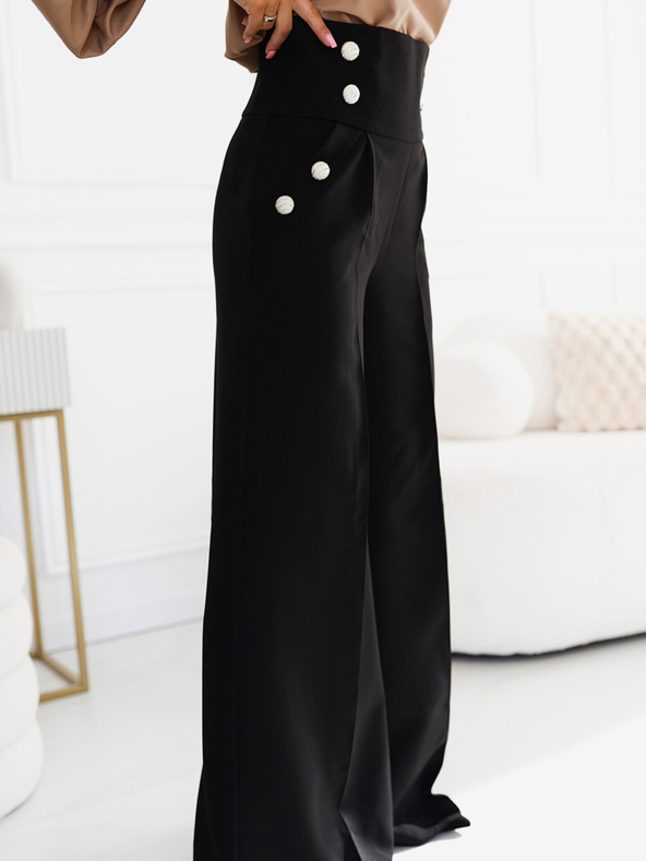 numoco Černé dámské elegantní široké kalhoty s vysokým pasem a zlatými knoflíky Numoco