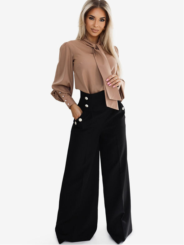 numoco Černé dámské elegantní široké kalhoty s vysokým pasem a zlatými knoflíky Numoco