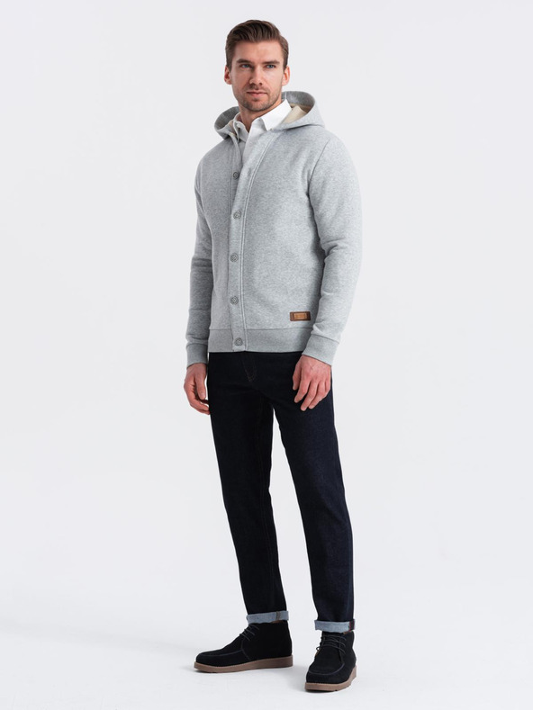 Ombre Clothing Pánská mikina s kapucí na knoflíky - šedá melanž V2 OM-SSZP-0186 Ombre Clothing