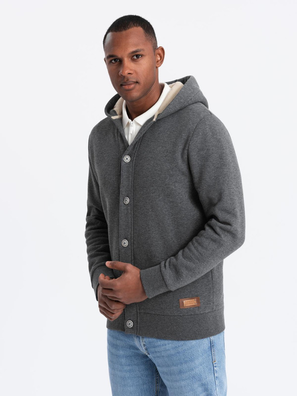 Ombre Clothing Pánská mikina s kapucí na knoflíky - grafitová melanž V4 OM-SSZP-0186 Ombre Clothing