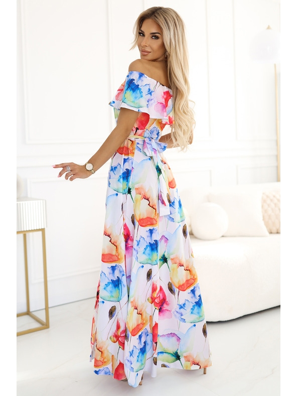 numoco Dlouhé letní šaty s páskem - barevný květinový vzor Numoco