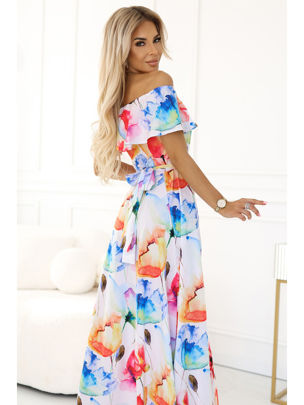 numoco Dlouhé letní šaty s páskem - barevný květinový vzor Numoco