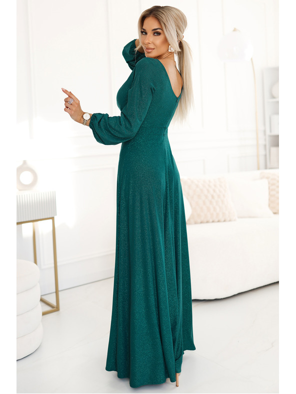 numoco Lesklé dlouhé šaty s výstřihem, dlouhým rukávem a rozparkem u nohavic Numoco