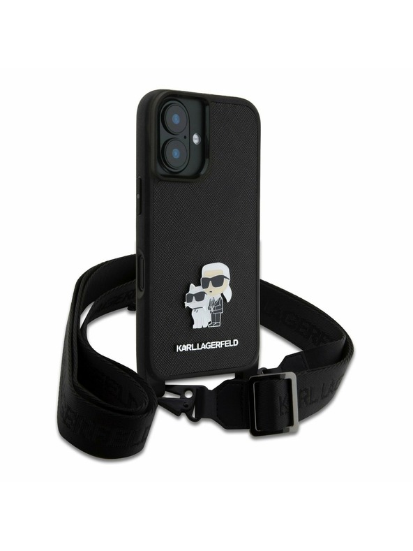 Karl Lagerfeld Karl Lagerfeld Saffiano Crossbody Popruh Metal Karl and Choupette Zadní Kryt pro iPhone 16 Plus Black