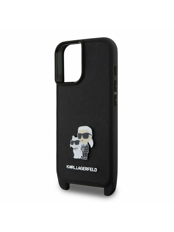 Karl Lagerfeld Karl Lagerfeld Saffiano Crossbody Popruh Metal Karl and Choupette Zadní Kryt pro iPhone 16 Plus Black