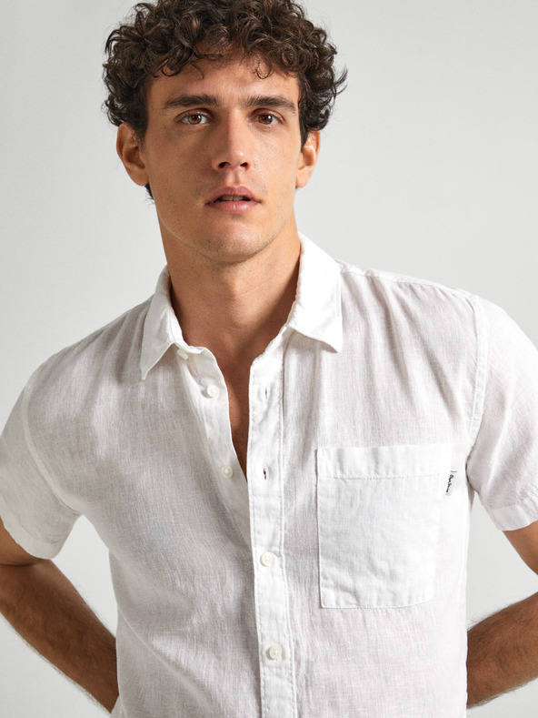 Pepe Jeans Bílá pánská lněná košile s krátkým rukávem Pepe Jeans
