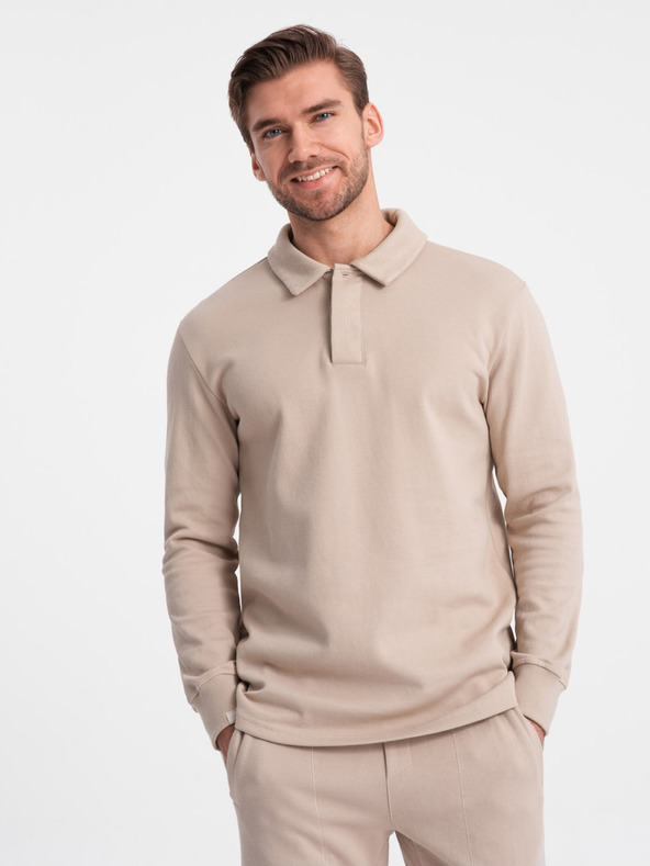 Ombre Clothing Béžová pánská tepláková souprava mikina s polo límcem + kalhoty Ombre Clothing