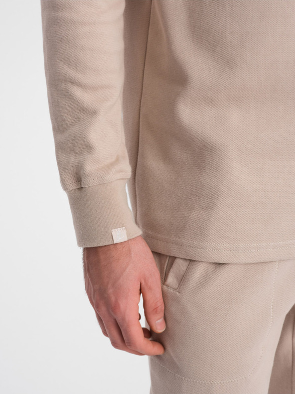 Ombre Clothing Béžová pánská tepláková souprava mikina s polo límcem + kalhoty Ombre Clothing