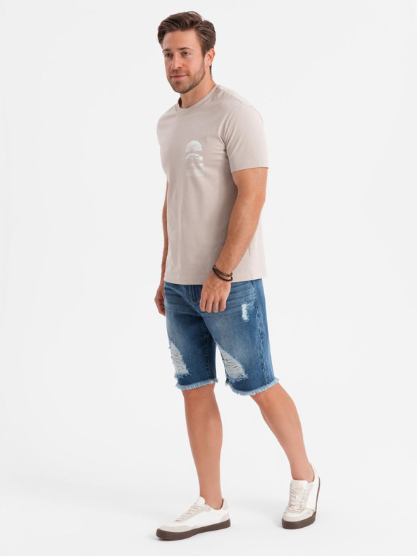 Ombre Clothing Pánské džínové kraťasy s dírami a trhlinami - modré