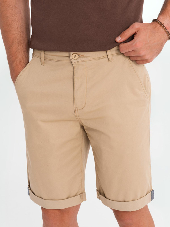 Ombre Clothing Pánské klasické chino šortky s ohrnutou nohavicí - béžové