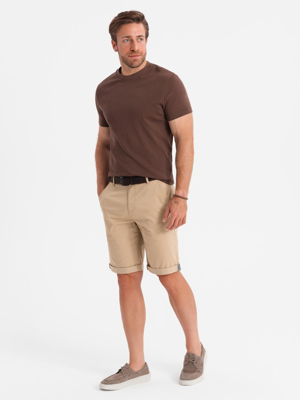 Ombre Clothing Pánské klasické chino šortky s ohrnutou nohavicí - béžové