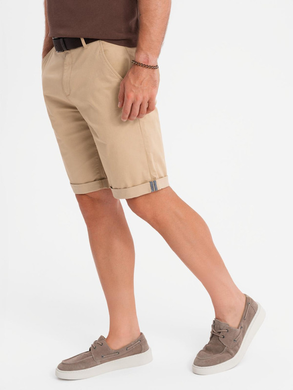 Ombre Clothing Pánské klasické chino šortky s ohrnutou nohavicí - béžové