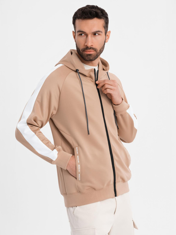 Ombre Clothing Pánská rozepínací mikina s kapucí a lemováním - béžová