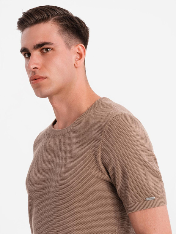 Ombre Clothing Pánská pletená košile s jemnou texturou - světle hnědá