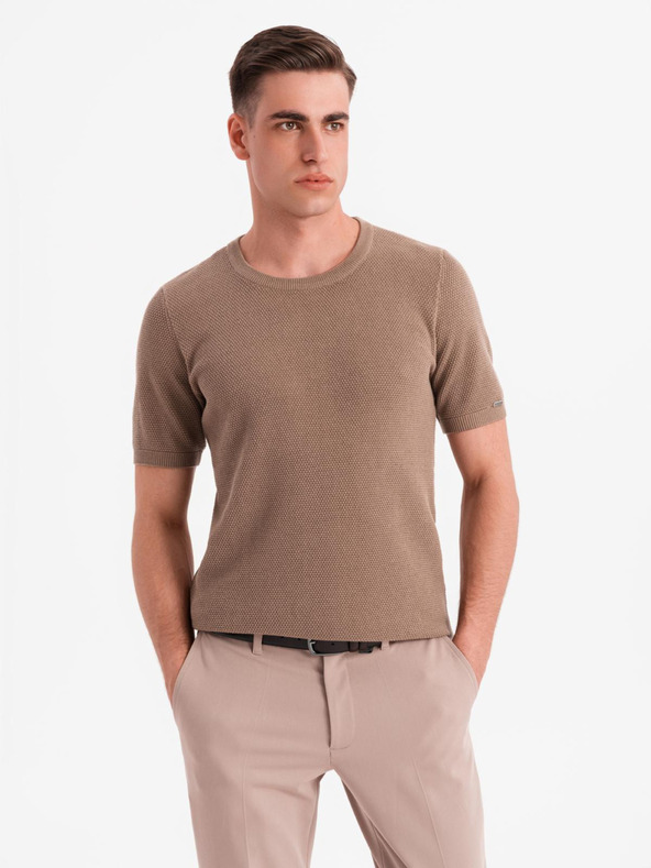Ombre Clothing Pánská pletená košile s jemnou texturou - světle hnědá