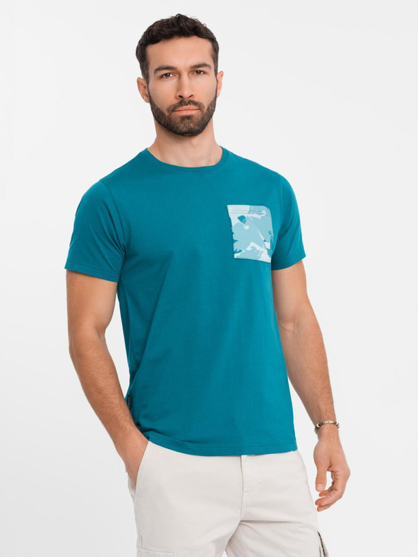 Ombre Clothing Pánské bavlněné tričko s potiskem kapsy - tyrkysové