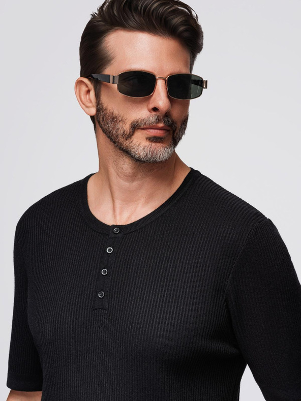 Ombre Clothing Pánské pletené tričko s knoflíky u výstřihu - černé