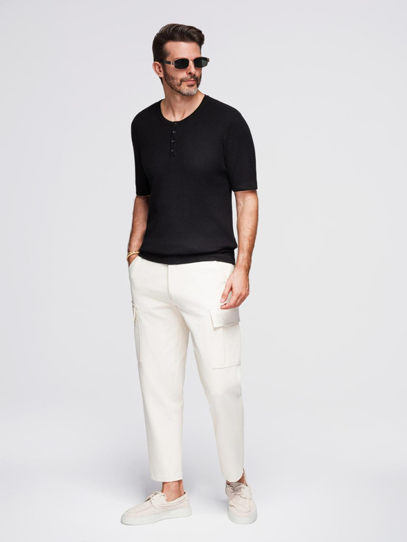 Ombre Clothing Pánské pletené tričko s knoflíky u výstřihu - černé