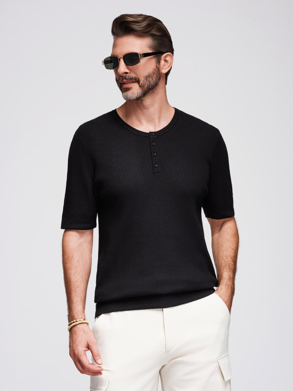 Ombre Clothing Pánské pletené tričko s knoflíky u výstřihu - černé