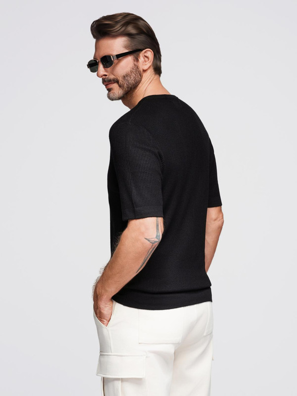 Ombre Clothing Pánské pletené tričko s knoflíky u výstřihu - černé