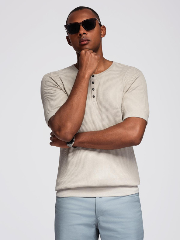 Ombre Clothing Pánské pletené tričko s knoflíky u výstřihu - světle šedé
