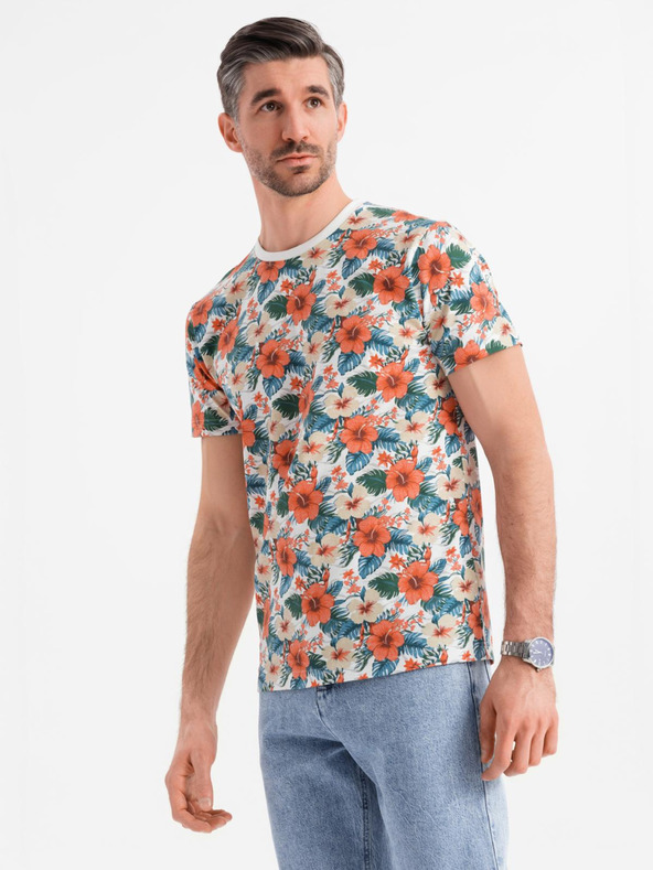 Ombre Clothing Pánské bavlněné tričko s květinovým vzorem a celoplošným potiskem - bílé