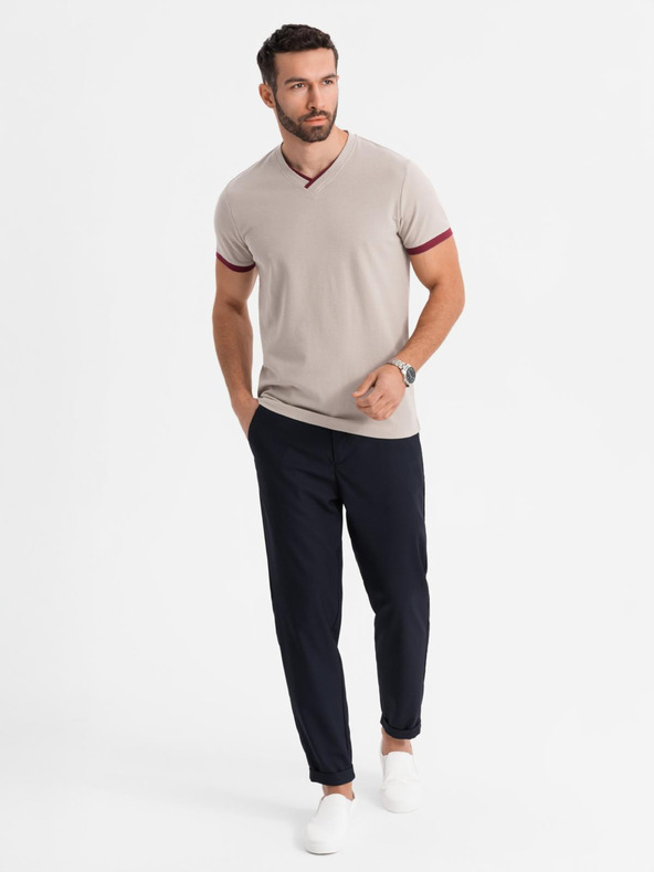 Ombre Clothing Pánské tričko s kontrastními vsadkami a výstřihem do V - béžové