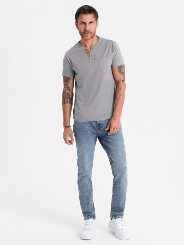 Ombre Clothing Pánské tričko s knoflíkovým výstřihem a semišovým lemem - šedé