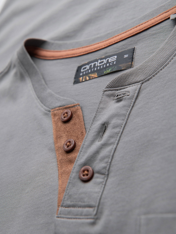 Ombre Clothing Pánské tričko s knoflíkovým výstřihem a semišovým lemem - šedé