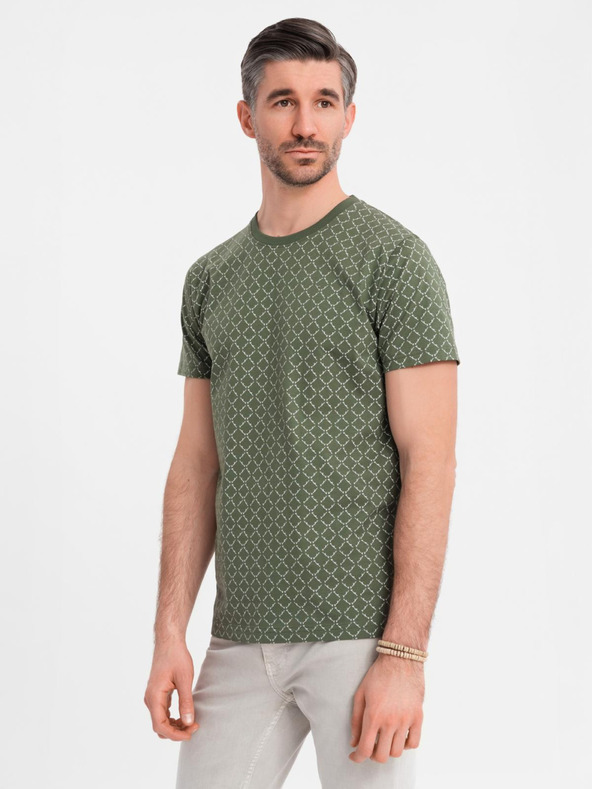 Ombre Clothing Pánské pletené tričko s celoplošným potiskem - olivové