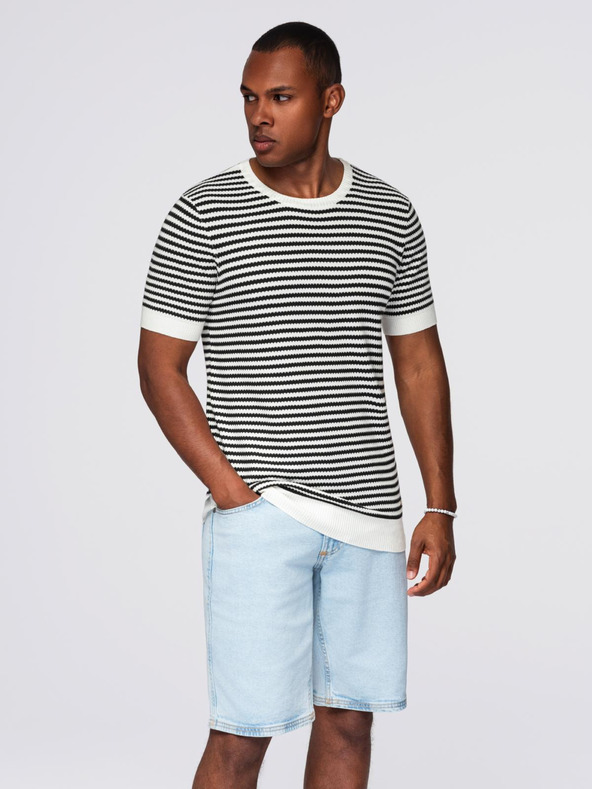 Ombre Clothing Pánské námořnické pruhované pletené tričko s prolamovanou vazbou - černobílé