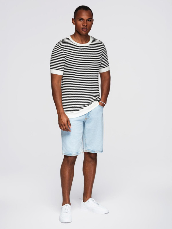 Ombre Clothing Pánské námořnické pruhované pletené tričko s prolamovanou vazbou - černobílé