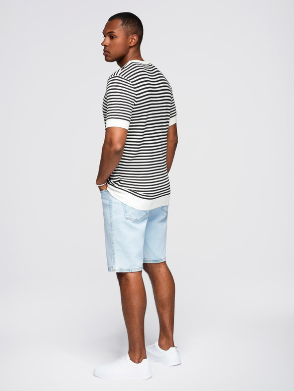 Ombre Clothing Pánské námořnické pruhované pletené tričko s prolamovanou vazbou - černobílé