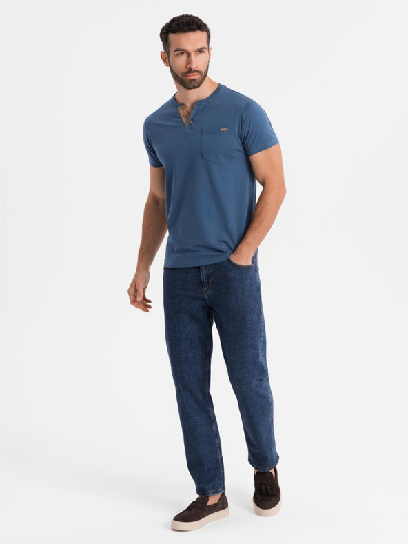Ombre Clothing Pánské tričko s knoflíkovým výstřihem a semišovým lemem - tmavě modré